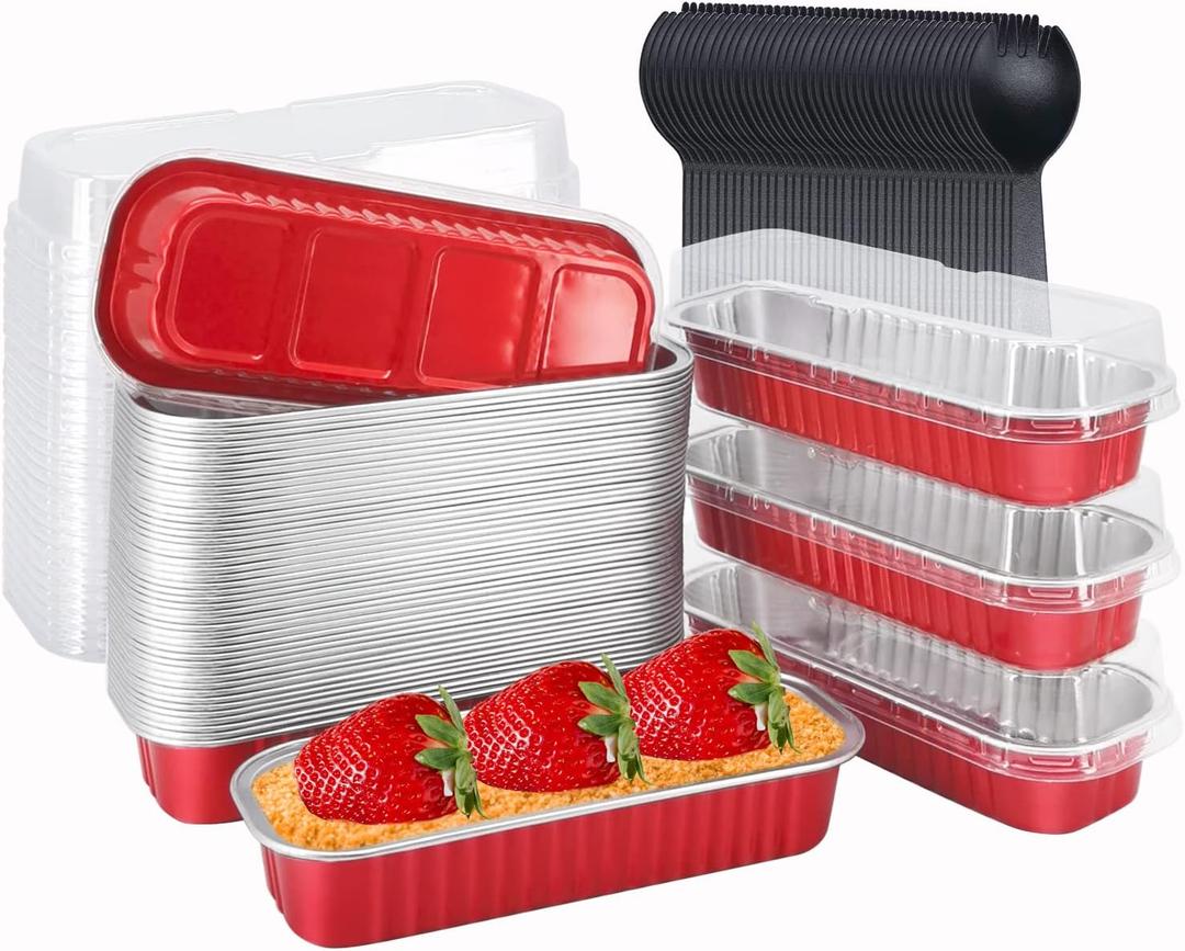 LNYZQUS Mini Baking Pans With Lids 50 Pack, 6.8oz Aluminum Foil Small Loaf Pans Tins Holders,Rectangle Baking Cups Muffin Tins,Disposable Ramekins Muffin Cups For Mini Cake Bread -Red