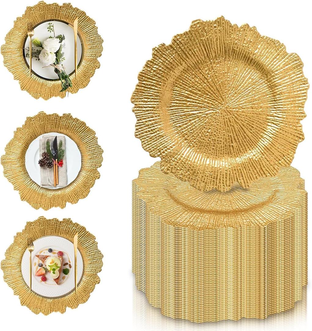 PROY 100 Pcs Gold Charger Plates Bulk, 13" Gold Reef Charger Plates for Wedding, Thanksgiving, Christmas, Plastic Chargers for Dinner Plates, Coral