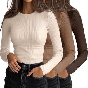Ficerd 3 Pack Women's Ribbed Long Sleeve Tops, Crew Neck Slim Fit Undershirts Knit Basic Casual Stretch Layering Tee Shirts (Medium, Brown, Khaki, Light Beige)
