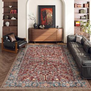 Valenrug Washable Rug 6x9 - Ultra-Thin Antique Collection Area Rug, Stain Resistant Rugs for Living Room Bedroom, Distressed Vintage Rug(Red, 6'x9')