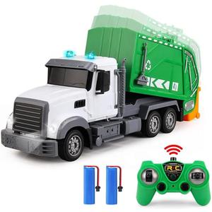 2.4G RC Garbage Truck Toy with Lights - 6 Channel Remote Control Waste Management Garbage Truck with 2 Rechargeable Batteries, Kids Recycling Toys, Excellent Xmas Gifts for Boys Girls 3-8