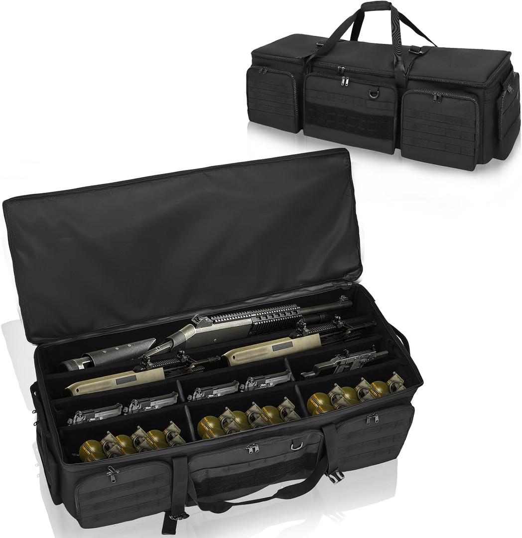42" Soft Rifle Case for 4 Guns with Molle, Tactical Multi Gun Bag with Padded Dividers and Backpack Straps, Extra Pockets for Outdoor Hunting and Shooting Range, Safe Storage Shipping (Black)