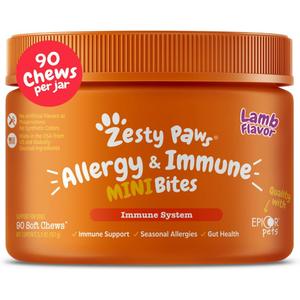 Zesty Paws Dog Allergy Relief Chews, Dog Probiotics for Itchy Skin and Ears, Lamb, Mini, 90ct