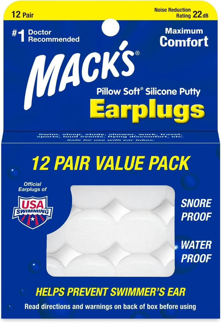 Mack's Pillow Soft Silicone Earplugs, 12 Pair  The Original Moldable Silicone Putty Ear Plugs for Sleeping, Snoring, Swimming, Travel, Concerts and Studying | Made in USA