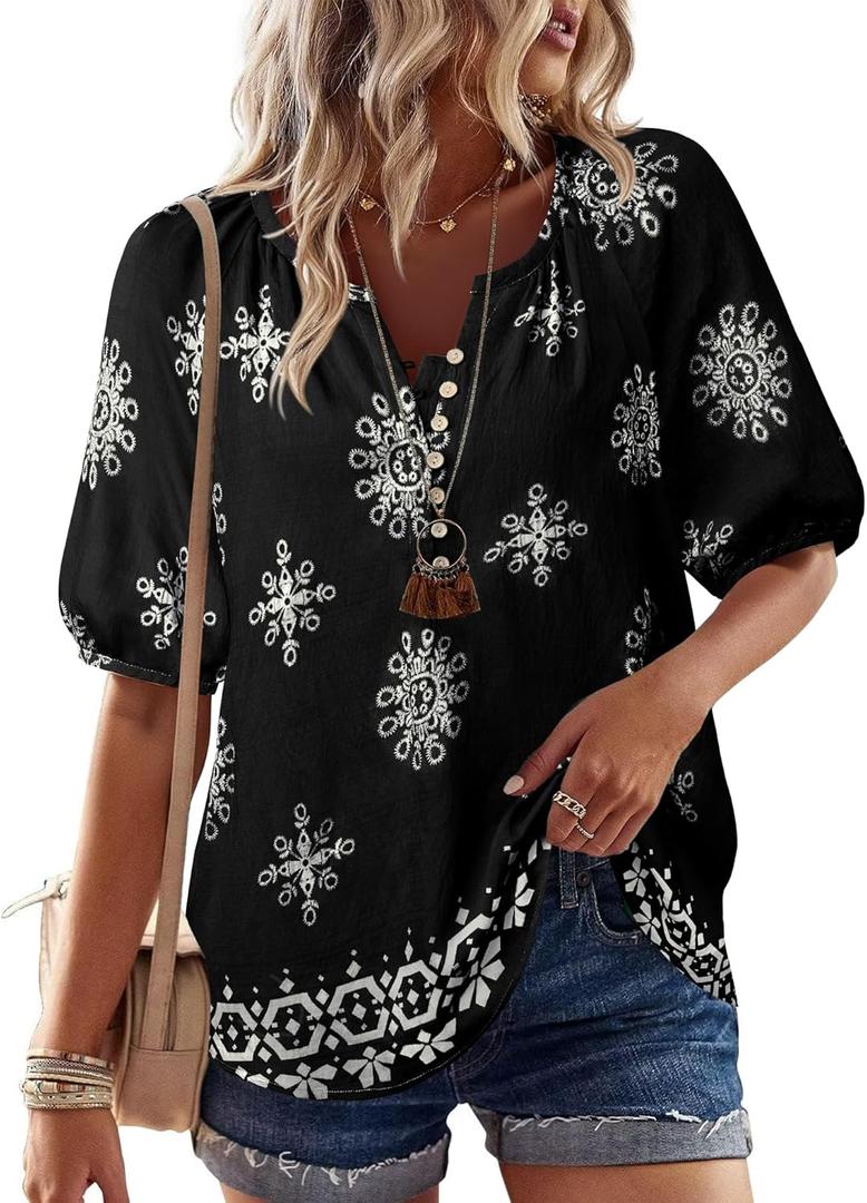 Unixseque Women's Summer Tops V Neck Short Sleeve Blouses Casual Button Down Shirts Floral Boho Clothing Trendy 2025 (Large)