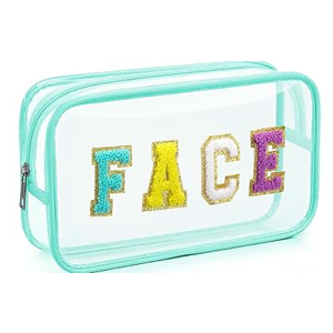 Clear Preppy Patch Makeup Bag, SPF Chenille Letter Bag for Beach, Clear Pouch with Zipper, Preppy Travel Bags Cosmetic Toiletry Bag for Women Girls Teens (Blue