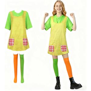 Women Longstocking Costume Set T-Shirt Apron and Stockings Halloween Longstocking Costume Outfit (M (5 ft 5 in-5 ft 9 in/165-175cm))