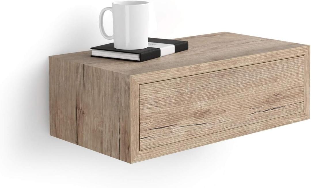 Mobili Fiver, Riccardo Floating nightstand, Oak, 17.7" x 9.8" x 6.1 ", Melamine-Finished, Modern Bedside Table, End Table, Italian Furniture, 17.7 in x 9.8 in x 5.9 in