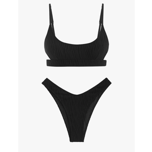ZAFUL Women's Cutout Bikini Sets Scoop Neck Back Criss Cross Tie Ribbed High Cut Bikini Swimsuit Two Piece Bathing Suits, M