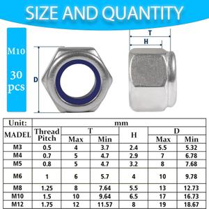 5 x 30Pieces M10-1.5mm Nylon Lock Nuts,SpzcdZa 304(A2-70) Stainless Steel LockNuts for Industrial and Construction Fasteners;Standard Metric Thread Nylock Nuts