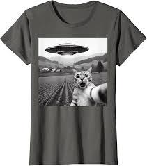 Cat Selfie with Alien UFO Funny Cat Gifts for Men Women Kid T-Shirt, L