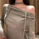 SHENHE Women's Off Shoulder Long Sleeve Top with Scarf Casual Fitted Going Out Tee Shirt (Gray, M)