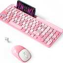 Retro Wireless Keyboard with Round Keycaps, 2.4GHz FullSize USB Cute Wireless Keyboard Mouse for Computer, Desktop, Laptop and Computer (PinkColorful)