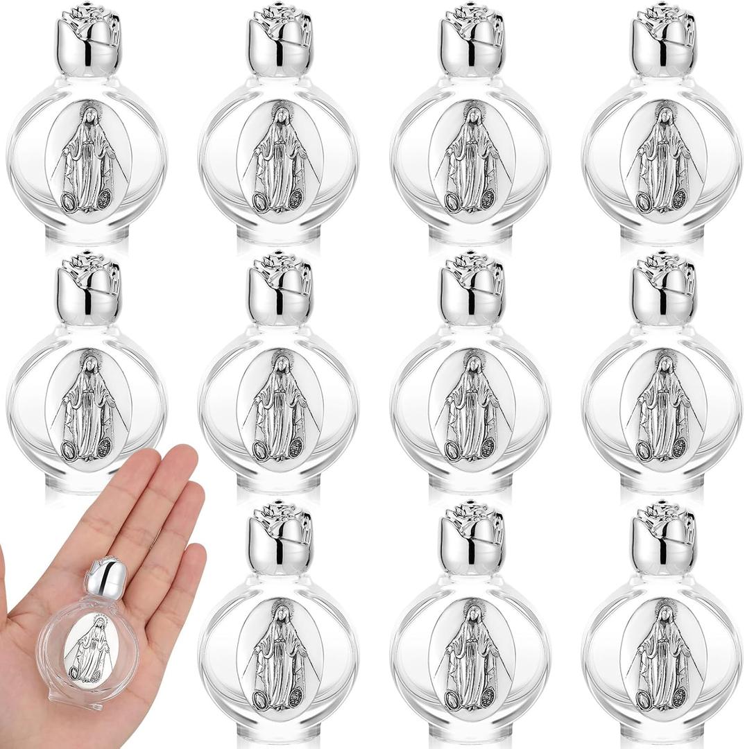 Domensi 12 Pcs Glass Holy Water Bottles 0.5 Floz Embossed Portable Glass Travel Bottles Girl Communion Church Gifts for Home Wedding Baptism Favors(Silver,Virgin Mary Devotional)