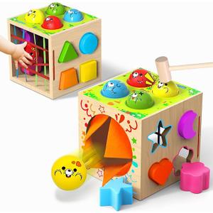4-in-1 Montessori Toys for 1+ Year Old - Shape Sorting Activity Cube, Hammer Pounding Game, Baby Blocks & Sensory Toys for Toddlers 1-3, Wooden Toy Gift for 1 Year Old Boys and Girls