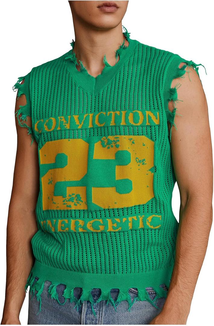 Men's Letter Graphic Sweater Vest Y2k Ripped V Neck Sleeveless Knit Tops (Green, S)