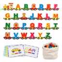 Wondertoys Wooden Alphabet Train Toy 27 PCS Magnetic Alphabet ABC Letter Train Set Includes 42 PCS Flash Cards, 1 Engine and 1 Storage Bag for Toddlers Kids Boys and Girls