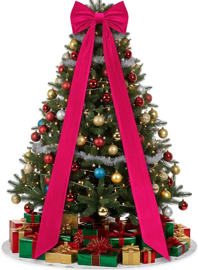 Christmas Tree Topper Bow 90x18 Inch Giant Large Velvet Bow with Long Streamers Huge Decorative Wrapping Gift Decor for Xmas Tree Front Door Patio Outdoor Wedding Arch(Hot Pink)
