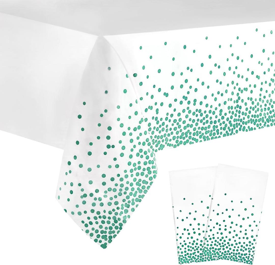 2 Packaging White and Green Plastic Tablecloth, 54 inch x108 inch Rectangular Disposable dot Party Table Cover, Suitable for Birthday, Graduation, Restaurant, Wedding Decoration Tablecloth