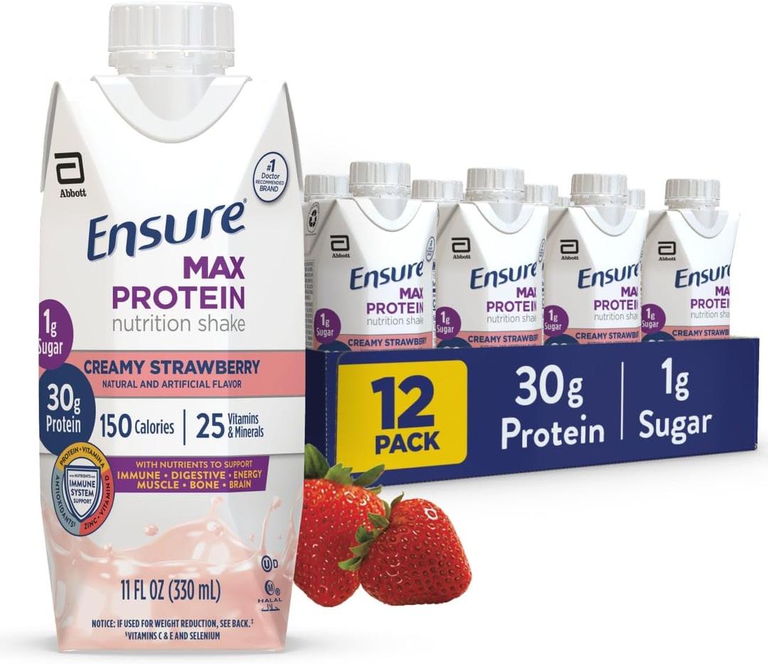 Ensure Max Protein Shake | Creamy Strawberry | Ready to Drink | 30g Protein for Muscle Health | 1g Sugar, 4g Fiber | 11 fl oz Bottle, 12 Pack (EXP 05/01/27)