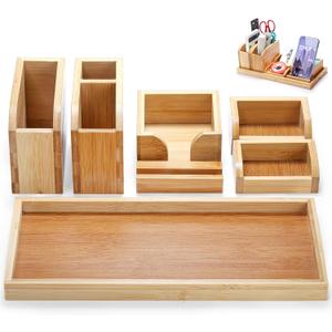 Bamboo Desk Vanity Tray, 7 Pieces Adjustable Pen Holder Stationery Caddy, Bathroom Vanity Organizer Set, Sturdy Countertop Tray Storage Boxes Office Supplies for Makeup Small Items Home Kitchen