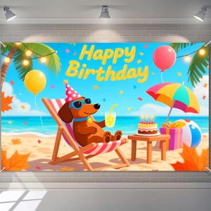 Happy Birthday Banner Beach with Dachshund Dog Decration for Tropical Birthday Party Summer Dog Themed Celebration Hawaiian Event Decor Supplies Photography Background 71x43 Inch