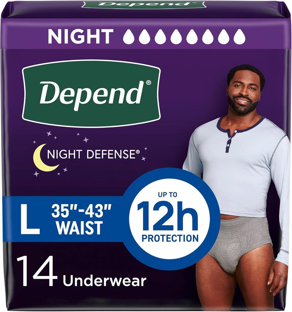 Depend Night Defense Adult Diapers, Incontinence Underwear for Men, Disposable, Overnight, Large, Grey, 14 Count