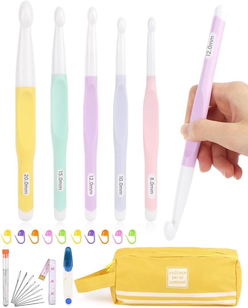 Aeelike 5 PCS Large Crochet Hooks Set, Big Ergonomic Crochet Hooks, Multicolor Acrylic Crochet Hooks with Number Size L/8mm, N/10mm, 12mm, P/15mm, 20mm