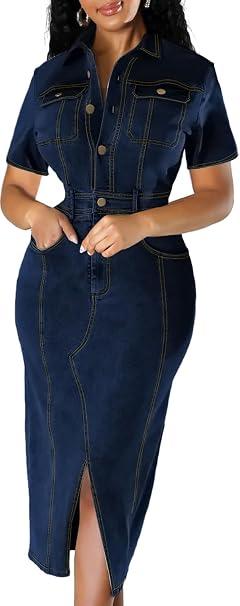 Denim Dress for Women Bodycon Sexy Short Sleeve Jean Split Workwear Dresses with Zipper Club Party Night, L
