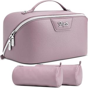 BOYATU Travel Makeup Bag Cosmetic Bags for Women: Large Capacity 3 Pcs Set Make up Bag with Compartments - Waterproof Vegan Leather Toiletry Organizer Bags with Handle (L28Purple)