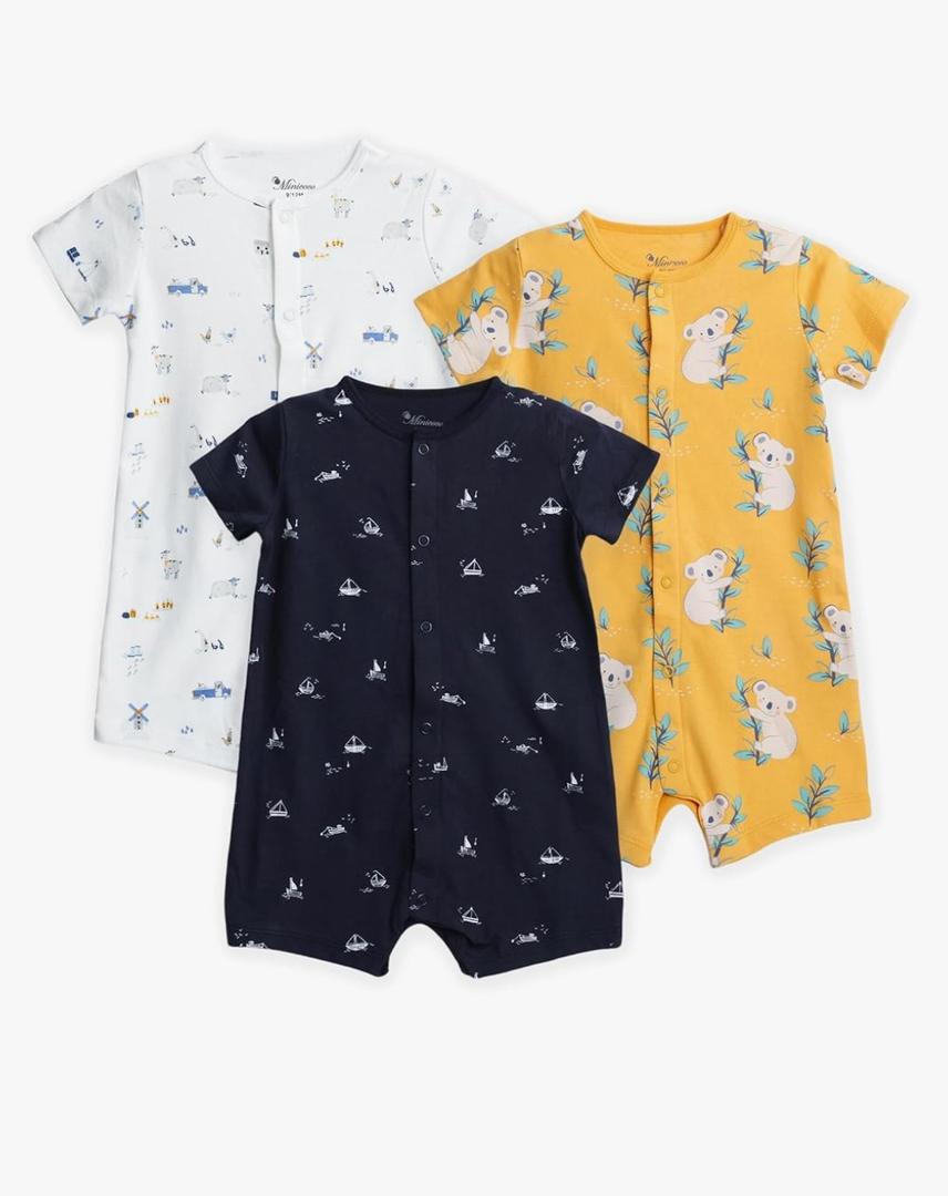 3-Pack 100% Cotton Baby Boy Rompers, 9-12 Months Short Sleeve Toddler Romper, Breathable Spring/Summer Clothes