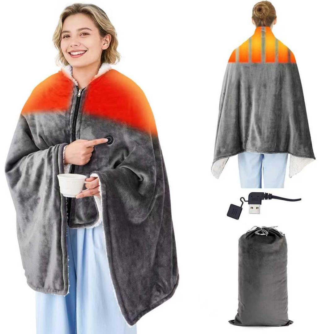 USB Heated Blanket for Keeping Warm, Cordless Wearable Throw with 3 Heat Levels, Battery Operated(No Power Bank Included) Shawl for Outdoor Use(Gray)