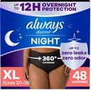 Always Discreet Adult Incontinence Overnight Underwear for Women, Extra Large, Up to 100% Bladder Leak Protection, 48 Count (3 Packs of 16)