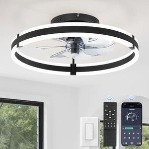 ZMISHIBO Ceiling Fans with Lights and Remote, 19.7'' Low Profile Ceiling Fan, 3000-6000K Dimmable Modern Flush Mount LED Fan Light, 6 Wind Speeds, Black Fandelier Ceiling Fans for Bedroom