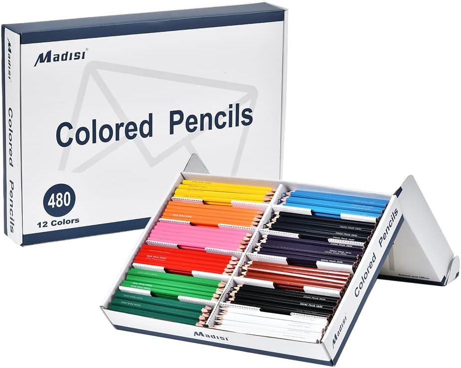 Madisi Colored Pencils Bulk - Pre-Sharpened - 12 Assorted Colors - 480 Bulk Pack