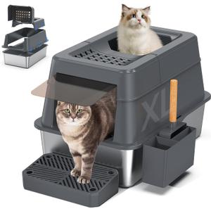 Aphyxen Stainless Steel Litter Box with Lid, XL Extra Large Enclosed Cat Litter Box Fits All Cats Modular Design with Flip Cover, Top Entry Metal High Sided Cat Box & Pedal & Scoop (Dark Grey)