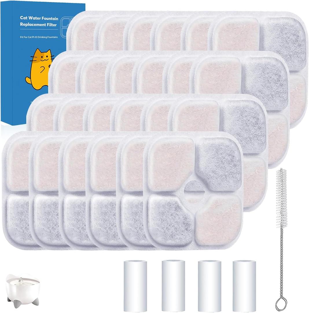 24-Pack Cat Water Fountain Filter Compatible With Cat Pixi Water Fountain Filter Replacement Triple Action Water Filter, 4 Pump Tubes 1 Hard Brush