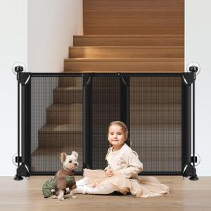 No Drill Baby Gate for Stairs No Bottom Bar, 34-55 Punch Free Dog Gate with Large Walk Thru Door, Mesh Dog Gate for The House, Swing & Dual Openings, No Drilling Pet Gates for Doorways, Black