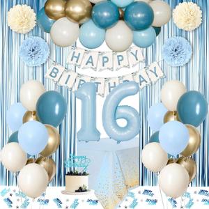 Sweet 16 Party Decorations, Light Blue 16th Birthday Decorations for Girls Boy 16th Happy Birthday Banner Tablecloth Fringe Curtain Cake Topper Paper Pom Poms for Girl Boys Sweet 16 Birthday Decor