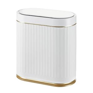 Bathroom Trash Can with Lid Automatic 2 Gallon Motion Sensor Garbage Bin, 7.5 Liter Smart Trash Bin with Stripes, Plastic Garbage Can, Narrow Trash Can for Bedroom, Office, Bathroom (Golden)