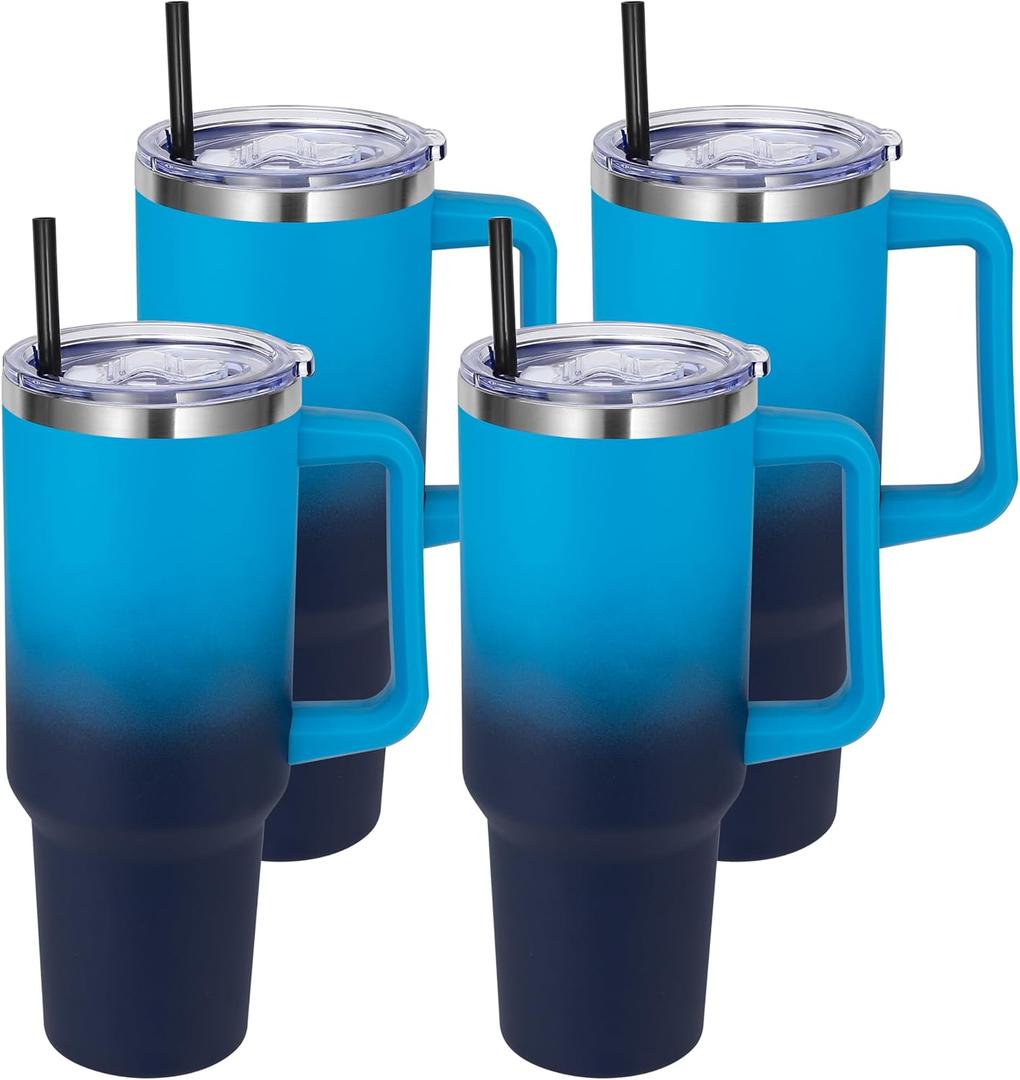 DOMICARE 40 oz Tumbler with Handle and (NOStraw), Stainless Steel Tumbler with Lid and Straw, Reusable Vacuum Insulated Cup, Travel Coffee Mug, Blue Gradient, 4Pack