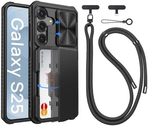 Vihibii for Samsung Galaxy S25 Case with Crossbody Lanyard Strap, Build-in Card Holder (4 Cards) [RFID Blocking] & Slide Camera Cover & Military Grade Drop Protection, Silicone Edge Cover, Black