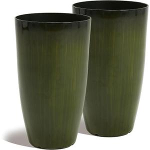 Worth Garden 23.5" H. Large Plastic Planters - Set of 2 Gradient Green Glossy Smooth Finish - Tall Plant Pots for Indoor & Outdoor Use - Decorative Lightweight Flower Pots for Front Porch, Patio, Deck