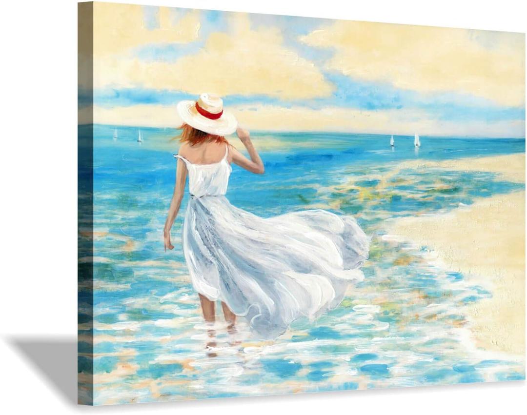 Abstract Beach Picture Wall Art: Girl & Ocean Artwork Seascape Painting on Canvas for Bathroom (36 x 24 x 1 Panel)