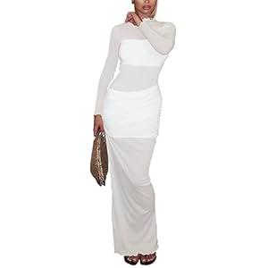 Ekaliy Women's Sexy Mesh Bodycon Dress Long Sleeve See Through Bodycon Ruched Midi Dress Party Cocktail Dresses (White, Large)