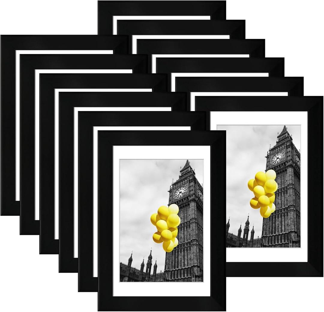 4x6 Picture Frame Set of 12, Display 3.5x5 with Mat or 4x6 Without Mat, Photo Frames for Wall Mounting or Table Top Display, Black