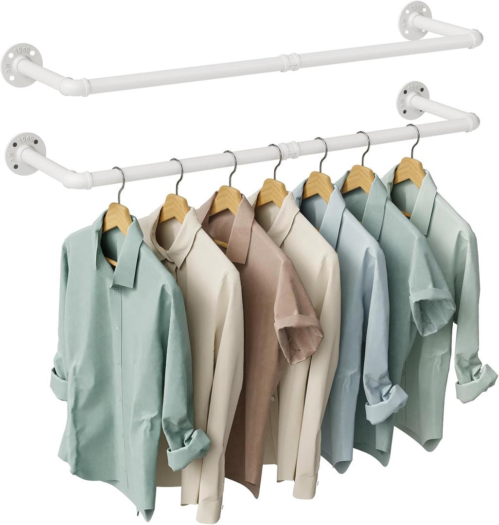 OROPY Industrial Pipe Clothes Rack Wall Mounted Set of 2, 38.4 inches Heavy Duty Iron Pipe Clothing Garment Rail, Multi-Purpose Clothing Hanging Rod for Laundry Room and Closet Storage, White