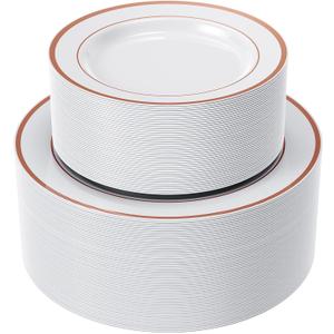 FOCUSLINE 120Pcs Rose Gold Plastic Plates, Disposable White and Rose Gold Rim Plastic Plates, Including 60 Dinner & Dessert Plate, Elegant Fancy Heavy Duty Wedding Party Plate