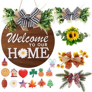 Interchangeable Welcome Sign for Front Door with 4 Seasonal Wreaths and 14 Changeable Icons, Farmhouse Front Door Signs, Door Decoration Porch Decor, Seasonal Wooden Home Sign home dcor (6wood)