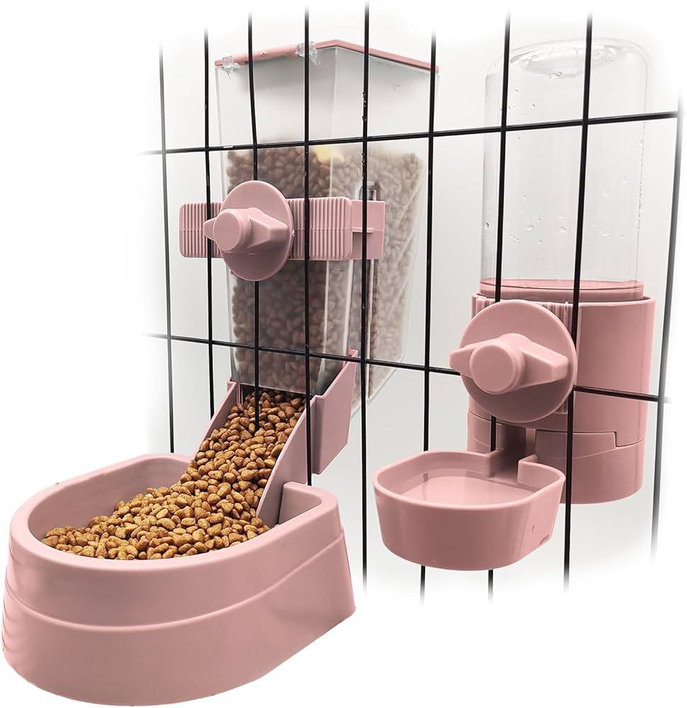 BNOSDM Rabbit Automatic Food Feeder and Water Dispenser Bunny Gravity Feeding Station Waterer Set Hanging Self-Dispensing Feeder for Ferret,Guinea Pigs Chinchillas Kitten (Pink)